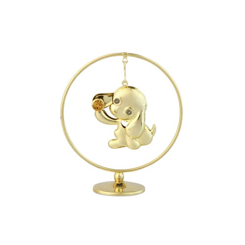 Apzeltīts Suns iekārts ķēdītē aplī, ar SWAROVSKI kristāliem, uz pamatnes, zelta pārklājums. Izmērs 5 х 7 cm.